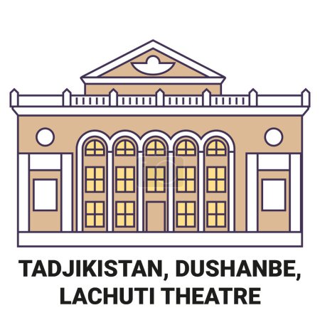 Téléchargez les illustrations : Tadjikistan, Douchanbé, Théâtre Lachuti illustration vectorielle de ligne de voyage historique - en licence libre de droit