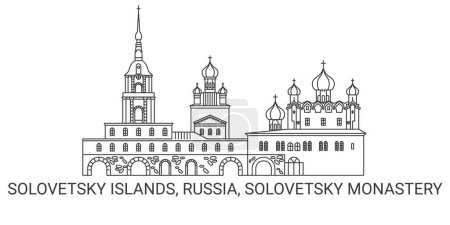 Téléchargez les illustrations : Russie, Îles Solovetsky, Monastère Solovetsky, illustration vectorielle de ligne de repère de voyage - en licence libre de droit
