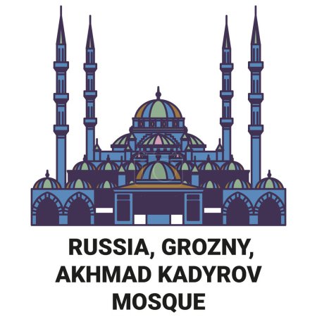 Téléchargez les illustrations : Russie, Grozny, Akhmad Kadyrov Mosquée Voyage illustration vectorielle ligne historique - en licence libre de droit