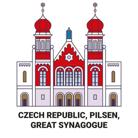 Téléchargez les illustrations : République tchèque, Pilsen, Grande Synagogue Voyage illustration vectorielle de ligne historique - en licence libre de droit