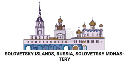 Téléchargez les illustrations : Russie, Îles Solovetsky, Monastère Solovetsky, illustration vectorielle de ligne de repère de voyage - en licence libre de droit