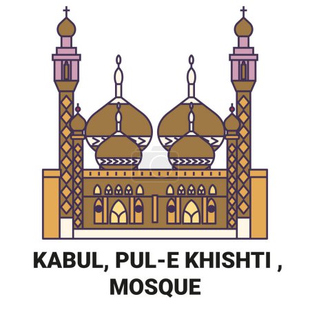 Téléchargez les illustrations : Afghanistan, Kaboul, Pule Khishti, illustration vectorielle de ligne de voyage de la mosquée - en licence libre de droit