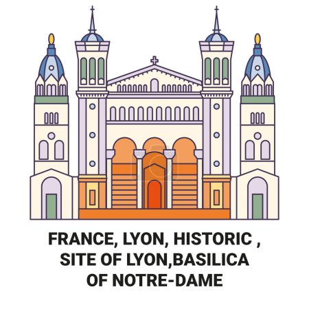 Ilustración de Francia, Lyon, Histórico, Sitio de Lyon, Basílica de Notredame viaje hito línea vector ilustración - Imagen libre de derechos
