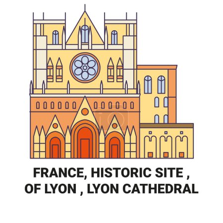 Ilustración de Francia, Sitio histórico, De Lyon, Catedral de Lyon recorrido hito línea vector ilustración - Imagen libre de derechos