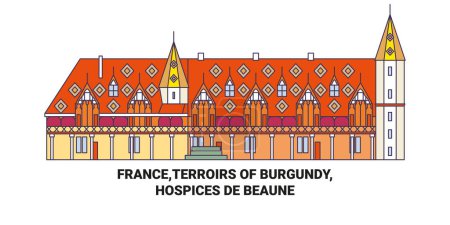 Téléchargez les illustrations : France, Terroirs de Bourgogne, Hospices De Beaune voyages illustration vectorielle de ligne - en licence libre de droit