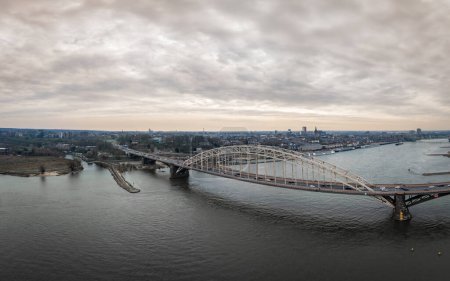 Aerial view of the Waal Bridge, a suspension bridge over the Waal river at Nijmegen, Netherlands