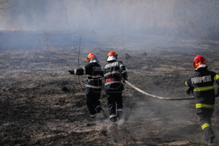 Téléchargez les photos : Bucarest, Roumanie - 5 avril 2022 : Les pompiers tentent d'éteindre un feu de végétation dans la réserve naturelle du parc Vacaresti. - en image libre de droit