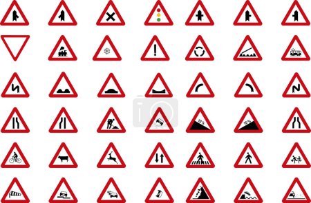 Set aus dreieckigen und runden Verkehrsschildern, Warn-, Verbots- und Gefahrensymbolen