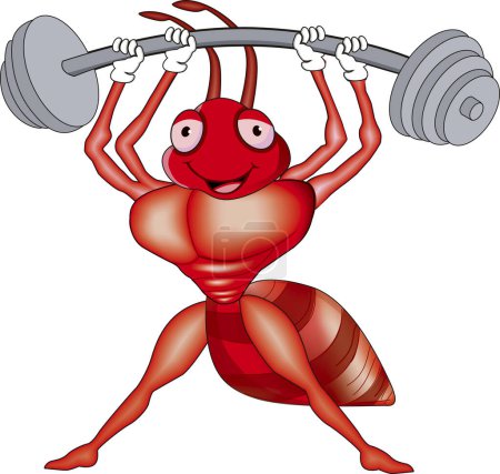 Illustration for Powerful ant with great strength holding some weights. Very pronounced muscles and biceps - Royalty Free Image