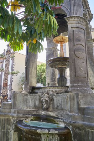 Foto de Outdoor fountain with medieval architecture and palm trees at Plaza del Espiritu Santo in Vegueta, Las Palmas de Gran Canaria, Spain - Imagen libre de derechos