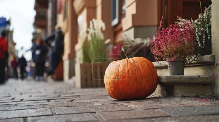 Foto de Calabaza de Halloween en una calle de otoño - Imagen libre de derechos