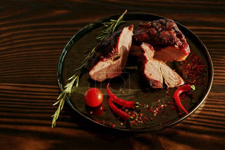 Foto de Carne preparada con pimienta y romero sobre una mesa de madera - Imagen libre de derechos