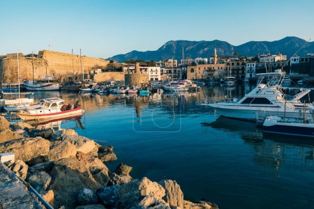Photo for Cyprus, Girne, Kirenia - April, 2023: Kirenia Castle, evening view, Old harbour, famous historical popular tourist place. - Royalty Free Image