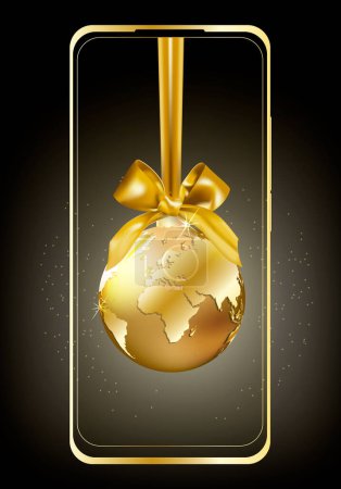 Illustration for Smart phone mockup in vertical orientation with shining Christmas golden ball with world map on device dark screen. Planet Earth celebration winter holliday concept EPS10 Vector illustration. - Royalty Free Image