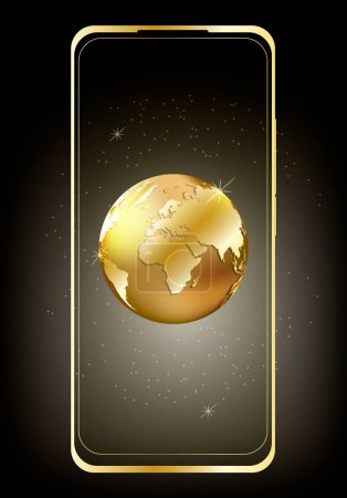 Illustration for Smart phone mock-up in vertical orientation with shining golden ball with world map on device dark screen. Planet Earth Day or Christmas winter holliday concept EPS10 Vector illustration. - Royalty Free Image