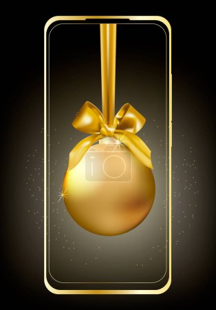 Illustration for Smart phone mock-up in vertical orientation with shining Christmas golden ball on device dark screen. Celebration winter holliday concept EPS10 Vector illustration. - Royalty Free Image