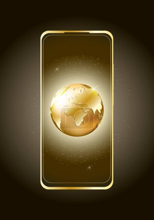 Illustration for Smart phone mock-up in vertical orientation with shining golden globe with world map on device dark screen. Planet Earth Day or Christmas winter holliday concept EPS10 Vector illustration. - Royalty Free Image