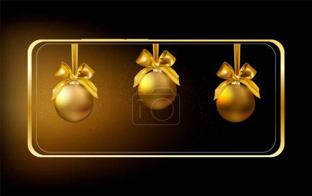 Illustration for Smart phone mock-up in horizontal orientation with three shining Christmas golden balls on dark device screen. Celebration winter x-mas holliday concept EPS10 Vector illustration. - Royalty Free Image