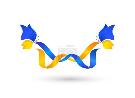 Téléchargez les illustrations : Deux papillons des couleurs du drapeau national ukrainien portant des rubans de couleurs bleu et jaune isolés sur fond blanc. Illustration vectorielle - en licence libre de droit