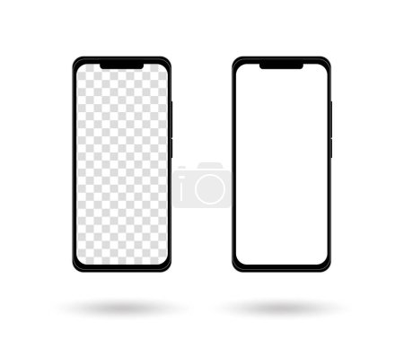 Two realistic smartphone mockups. Cellphone frame with transparent and white blank displays isolated templates, front views. Vector mobile device concept.
