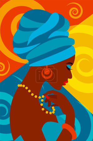 Illustration for Portrait of dark-skinned African Woman with Turban on her head on abstract bright background. - Royalty Free Image