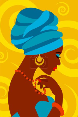 Illustration for Portrait of African Woman with Turban on her head. Female Silhouette on abstract background. - Royalty Free Image