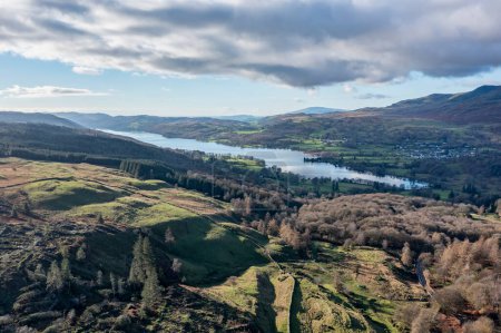 Photo for Aerial view of coniston water and coniston village from the north - Royalty Free Image