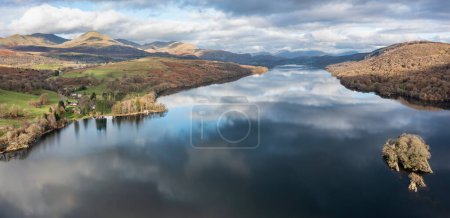 Photo for Coniston water looking north towards the old man of coniston and peel island panoramic view - Royalty Free Image