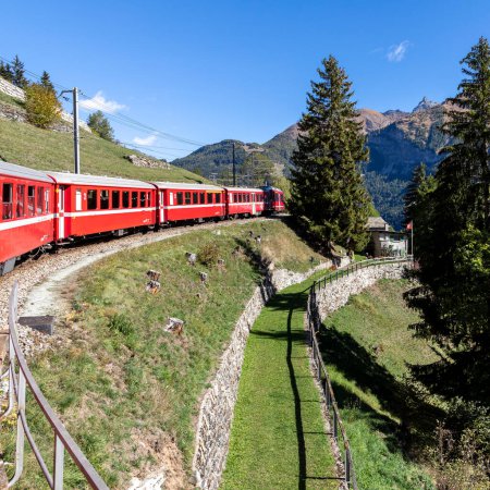 Foto de Tren de montaña bernina express pasando por encima de san carlo - Imagen libre de derechos