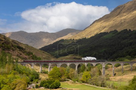 Téléchargez les photos : Le train à vapeur jacobite traversant le viaduc de glenfinnan par une journée ensoleillée, tel que présenté dans le film de Harry Potter - en image libre de droit