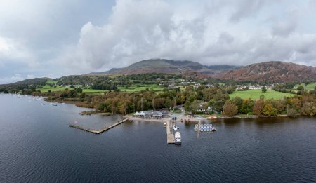 coniston water lake district the old man of coniston and the boating centre aerial view