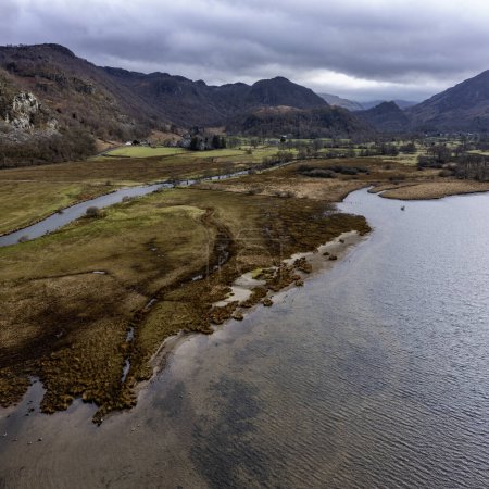 the south end of derwent water and the river derwent looking towards borrowdale and castle crag aerial view