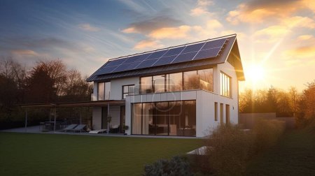 Photo for Family house with solar panels and sunrise solar energy system Sunset - Royalty Free Image
