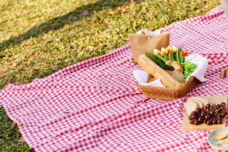 Foto de Picnic Lunch Meal Outdoors Park with food picnic basket. enjoying picnic time in park nature outdoors - Imagen libre de derechos