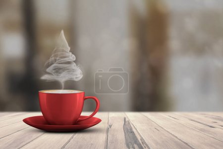 Téléchargez les photos : Arbre de Noël en forme de tasse à café fumante sur plancher de bois blanc sur fond bokeh. Espace de copie. - en image libre de droit