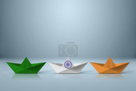 Téléchargez les photos : Paper boat create a tricolor of Indian flag. Republic day of India. Independence day of India. Indian flag on paper boat. - en image libre de droit