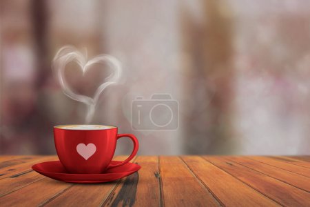 Téléchargez les photos : Idée d'illustration spéciale de la semaine des Valentines. Coeur en forme de tasse à café fumante. Effet Bokeh. Espace vide. - en image libre de droit