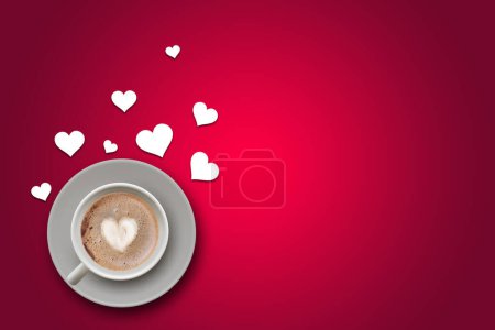 Téléchargez les photos : Idée d'illustration spéciale de la semaine des Valentines. Tasse à café coeur et coeurs éparpillés sur fond rose. Espace vide. - en image libre de droit
