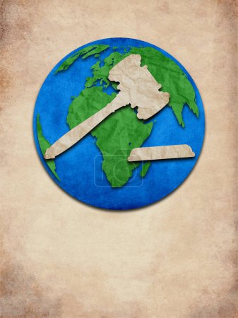 Téléchargez les photos : Paper cutout of globe. Creative concept of Law & Order in world created by old paper cutout. - en image libre de droit