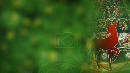 Téléchargez les photos : Gros plan d'un sapin de Noël sur fond bokeh vert avec tourbillon floral. Renne de Noël. Espace de copie. - en image libre de droit