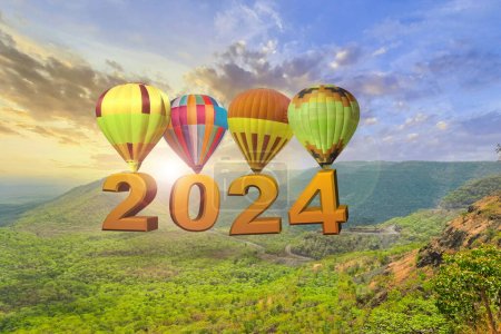 Photo for New year 2024 concept. Text 2024 hanging on the hot air balloon at sunset. New Year Start. Copy Space. - Royalty Free Image