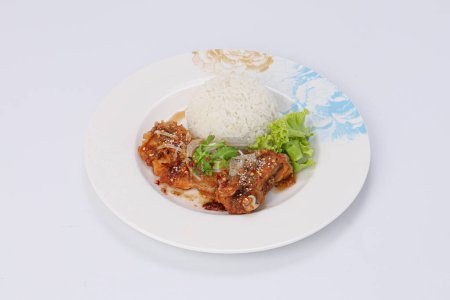 Téléchargez les photos : Poulet frit avec sauce épicée sur riz blanc dans un plat isoler fond.. - en image libre de droit