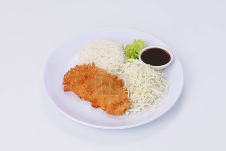 Téléchargez les photos : Porc frit au riz ou katsu de porc au riz et sauce teriyaki dans un plat sur fond blanc. - en image libre de droit