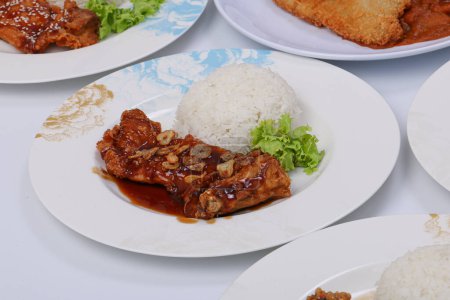 Téléchargez les photos : Deep-fried chicken with garlic sauce on white rice in a dish isolate background. - en image libre de droit
