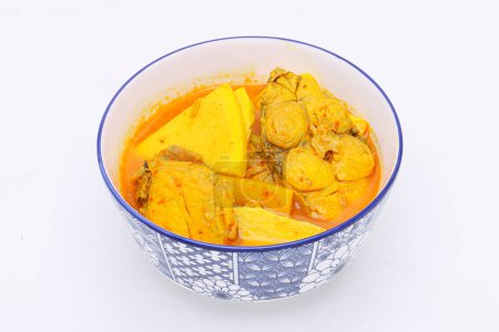 Téléchargez les photos : Curry jaune avec des poissons aux pousses de noix de coco dans un bol sur un fond blanc isolé. Nourriture thaï-méridionale. Vue du dessus. - en image libre de droit