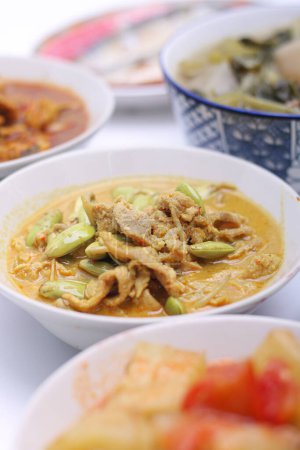 Téléchargez les photos : Curry jaune épicé au porc et Parkia timoriana. Délicieux chaud et épicé, la nourriture thaïlandaise du sud dans un bol sur l'ensemble des assiettes de groupe de la nourriture thaïlandaise. Vue du dessus. - en image libre de droit