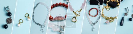 Téléchargez les photos : Collage de bijoux modernes. Bracelets, colliers en pierre naturelle, bannière. Fond bleu - en image libre de droit
