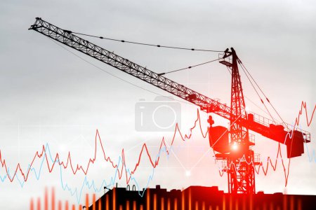 Construction crane working on building site. Infographics charts, graphs and, development steps. Silhouette