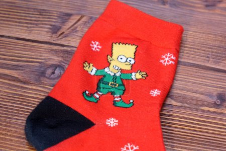 Photo for Tyumen, Russia-January 23, 2023: Socks with the image of Bart Simpson. Logo close-up. - Royalty Free Image
