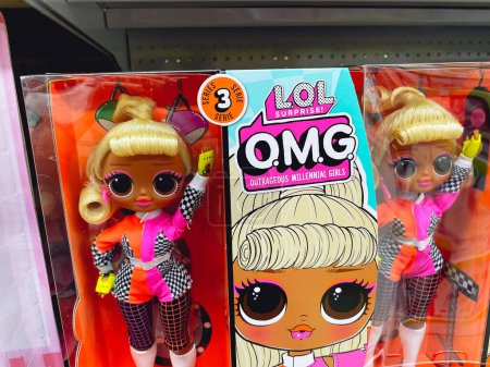 Tyumen, Russia-August 14, 2023: OMG and LOL dolls on shelves of toy story. Popular dolls for girls.